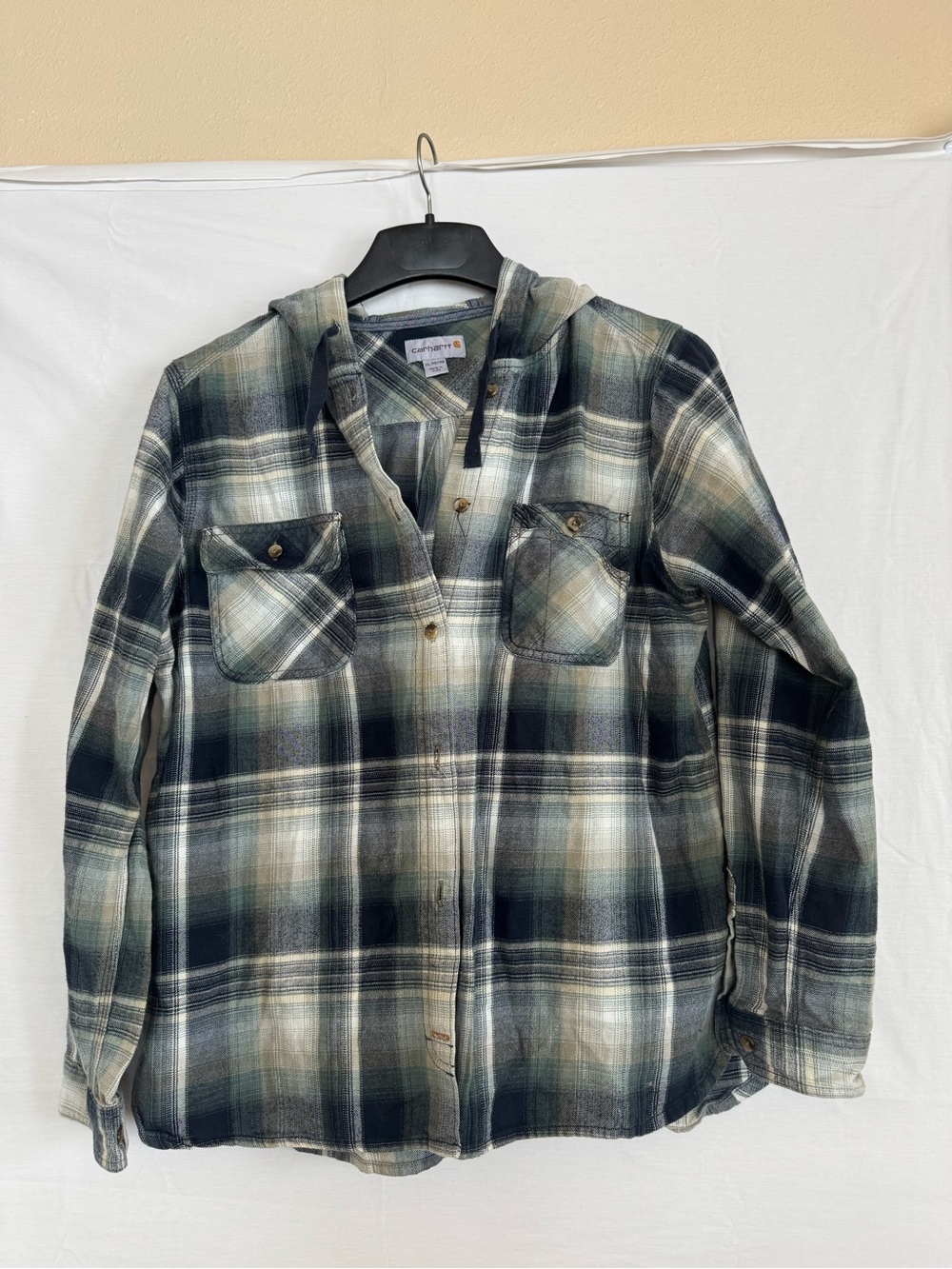 Carhartt Hooded Plaid Flannel Shirt Jacket - Black Green Cream